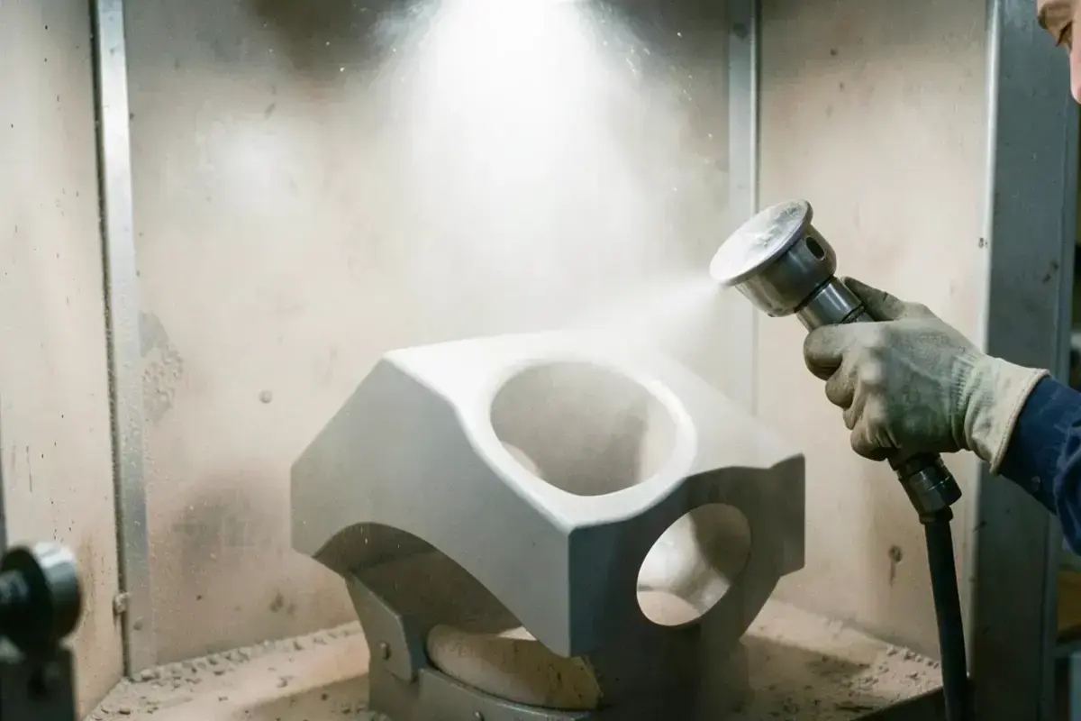 Inside an abrasive blasting cabinet with a light beam and a steel part being blasted to a uniform matte finish