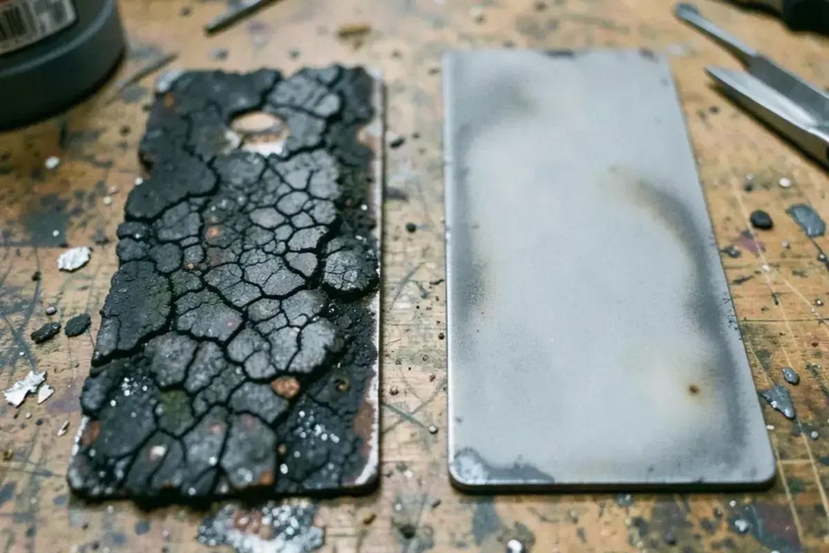 Two blasted steel weld samples side by side showing a uniform satin finish
