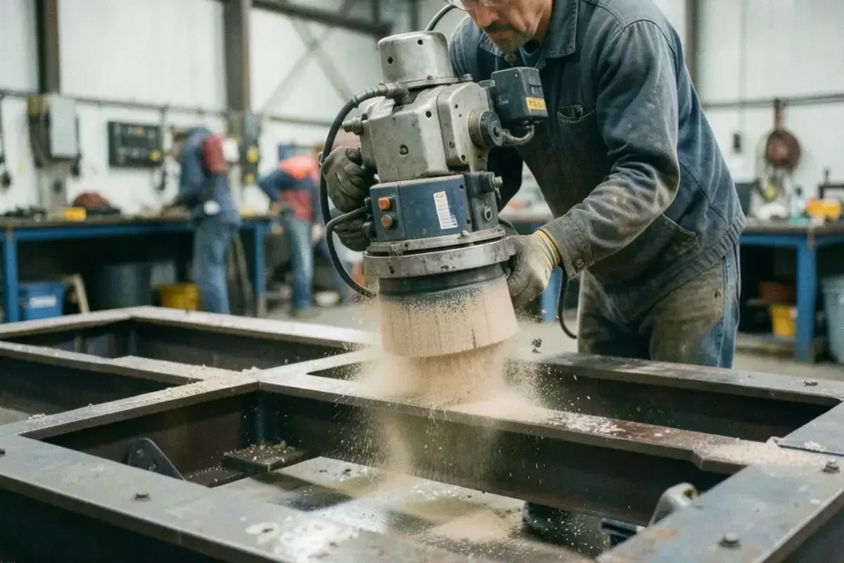 A robotic abrasive blasting head working on a large fabricated steel frame in a robotic finishing cell