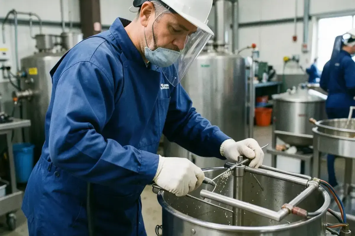 An operator in a protective apron wiring titanium racks with stainless parts before dipping them into a tank