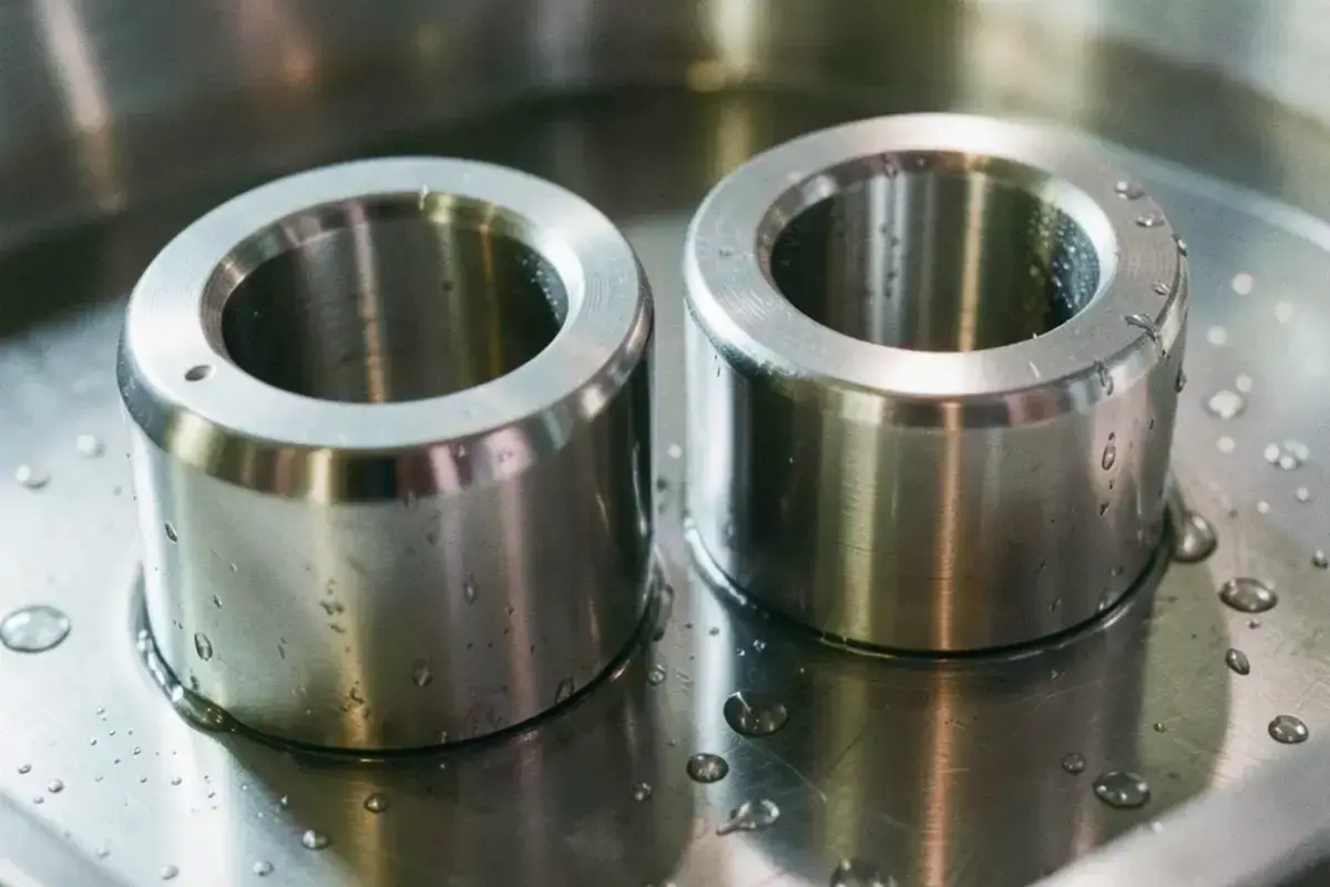 Polished stainless steel instrument parts just removed from an electropolishing bath