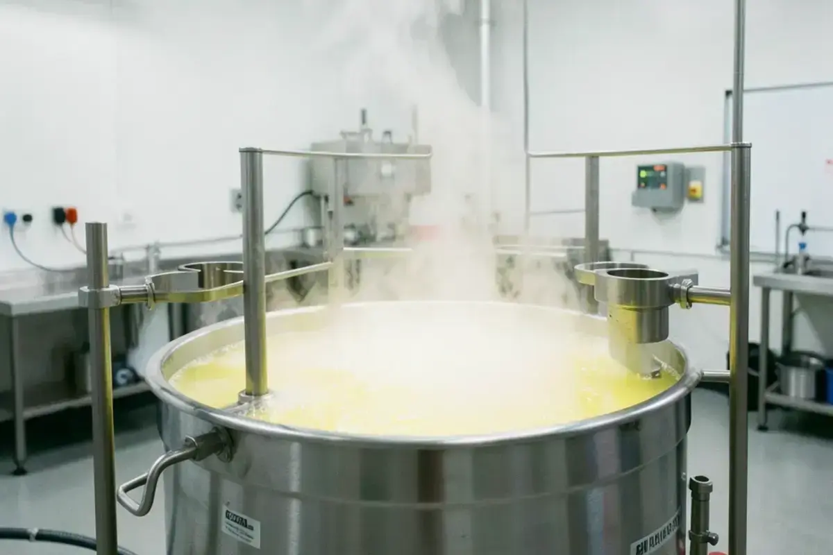 A passivation bath tank with steaming citric acid solution and stainless parts on racks
