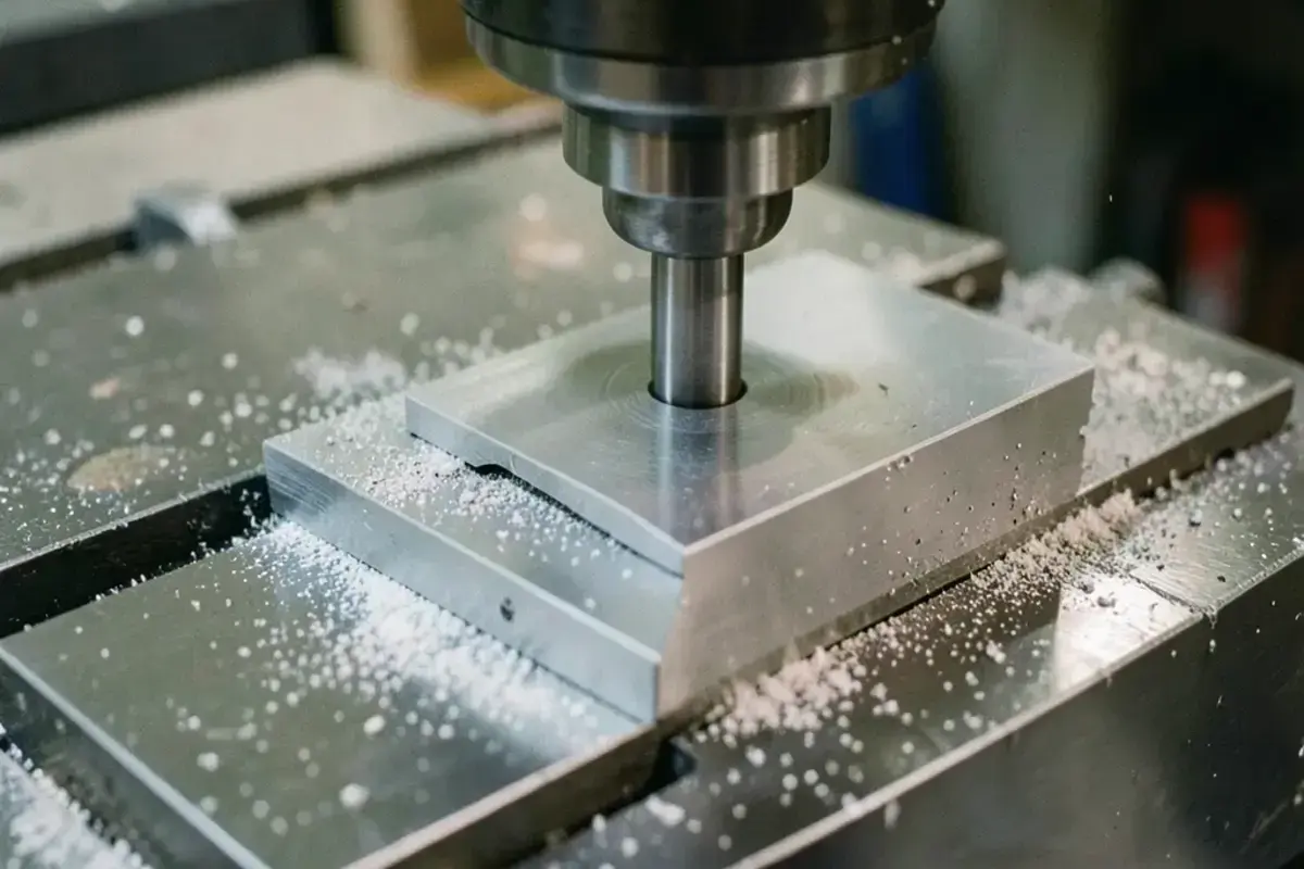 A surface grinder table with coolant and a rectangular steel blank being ground to size