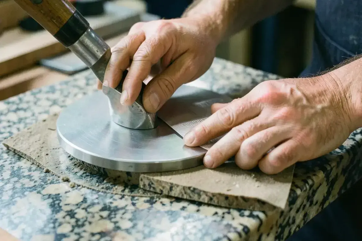 Hand lapping a flat metal plate on a granite surface plate with abrasive paper