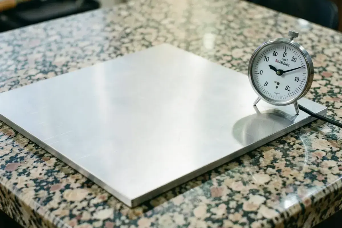 A large flat steel plate on a granite inspection table next to a dial indicator reading flatness