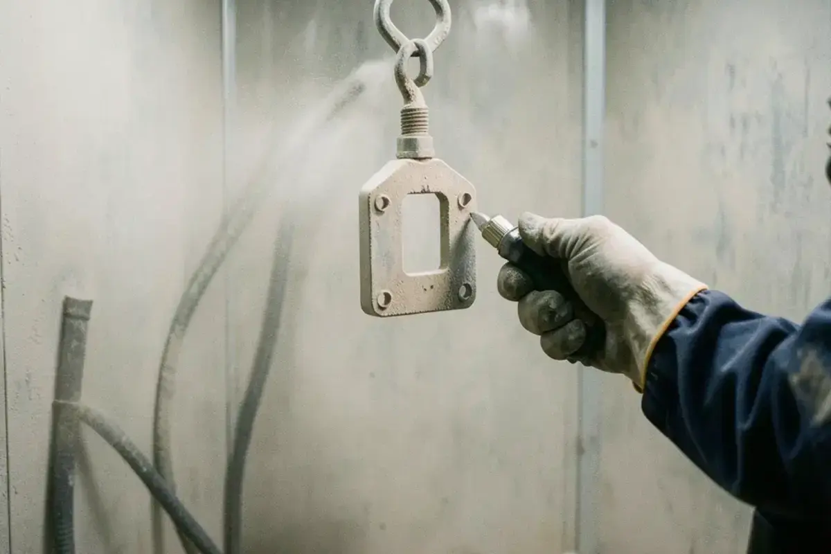 A powder spray booth where a gloved operator applies powder to a metal bracket on a grounded hanger