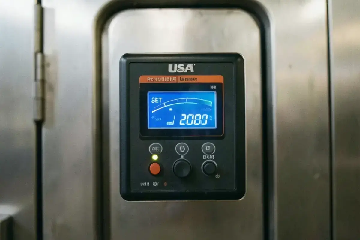 A digital temperature controller panel of a powder curing oven showing a set point