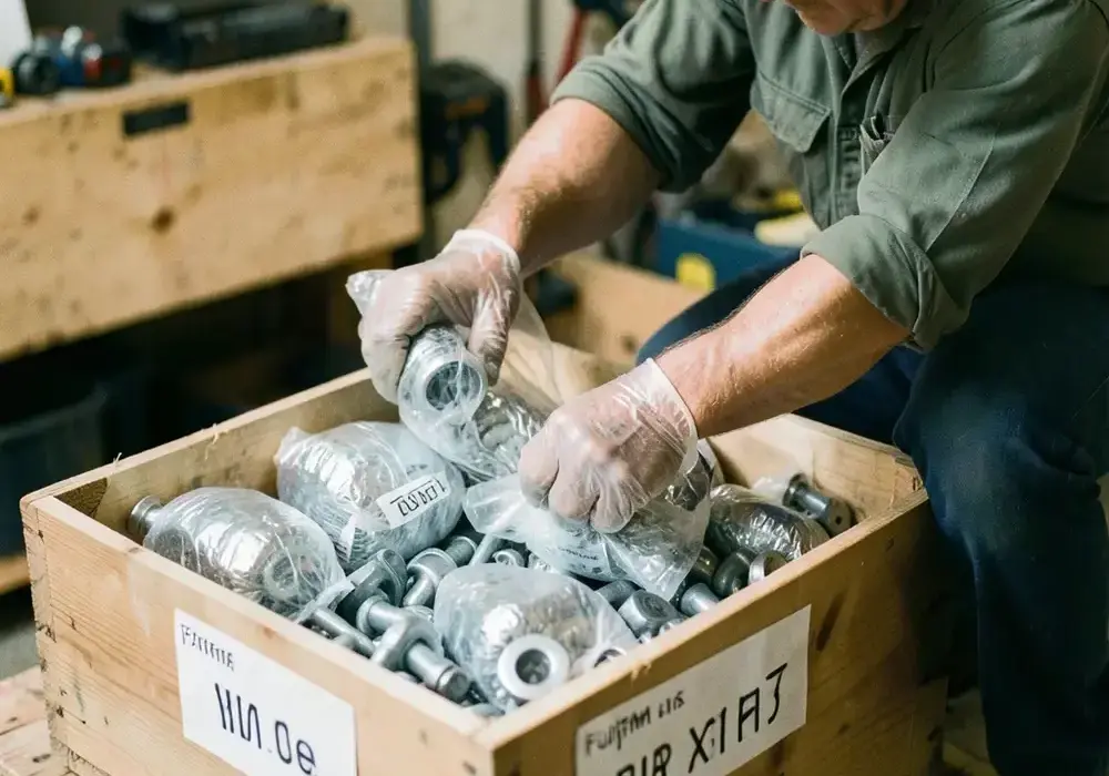 A worker wrapping finished metal parts in vapour barrier bags and placing them into a labelled wooden crate