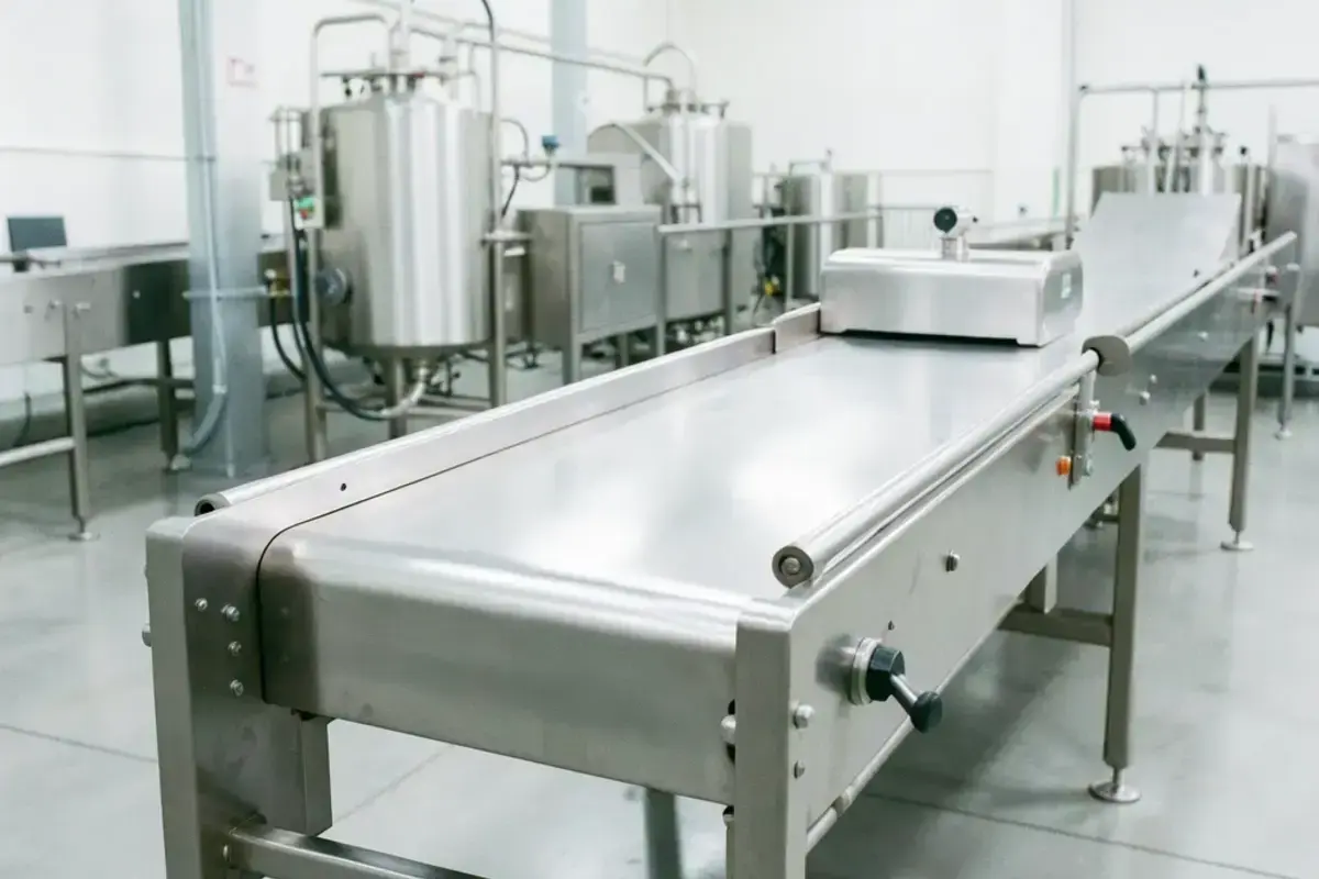 Food grade stainless steel conveyor parts with a smooth electropolished surface in a hygienic processing area