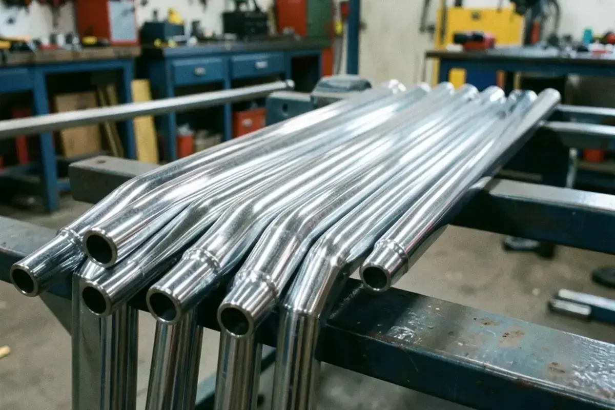 Hard chrome plated hydraulic cylinder rods with a mirror bright finish lined up on a rack