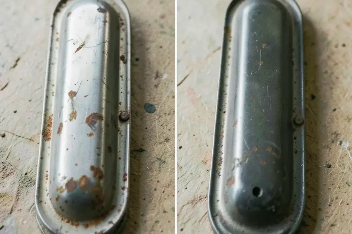 A restored vintage metal car trim piece beside its dull unrestored original