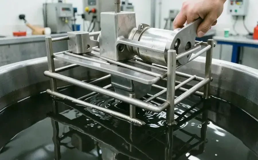 Stainless steel parts being electropolished in an acid tank inside a finishing facility