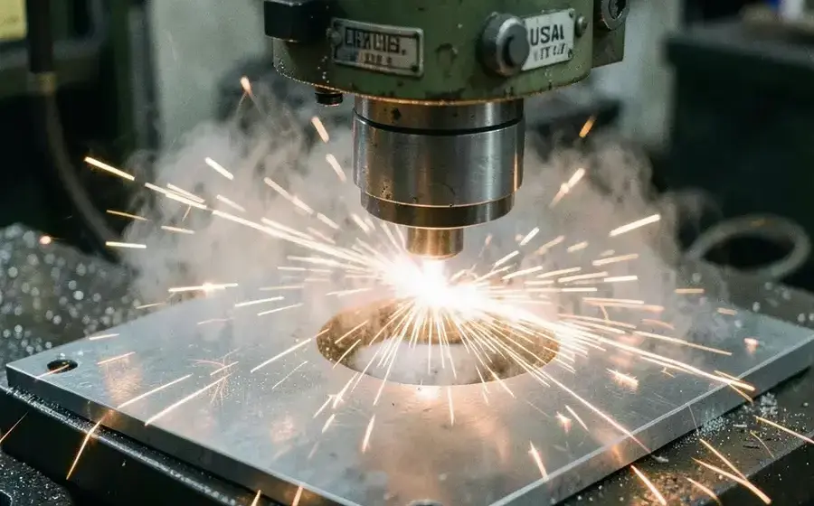 Surface grinder in operation producing sparks over a metal plate