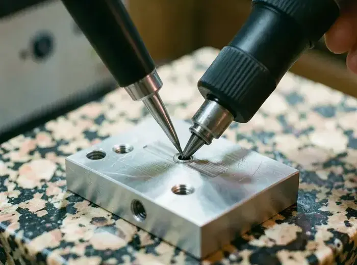 Technician measuring a finished metal part with a surface tester on a metrology bench