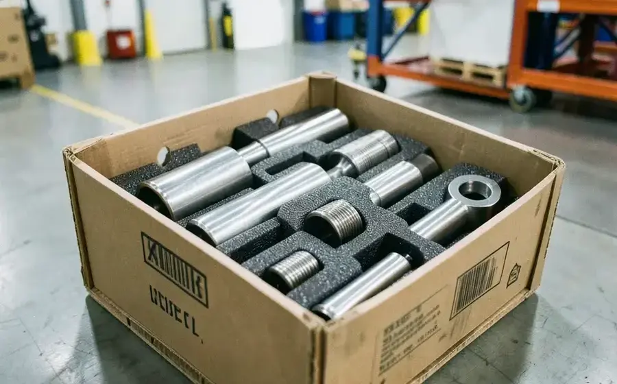 Finished metal components packed in a protective crate ready for shipping
