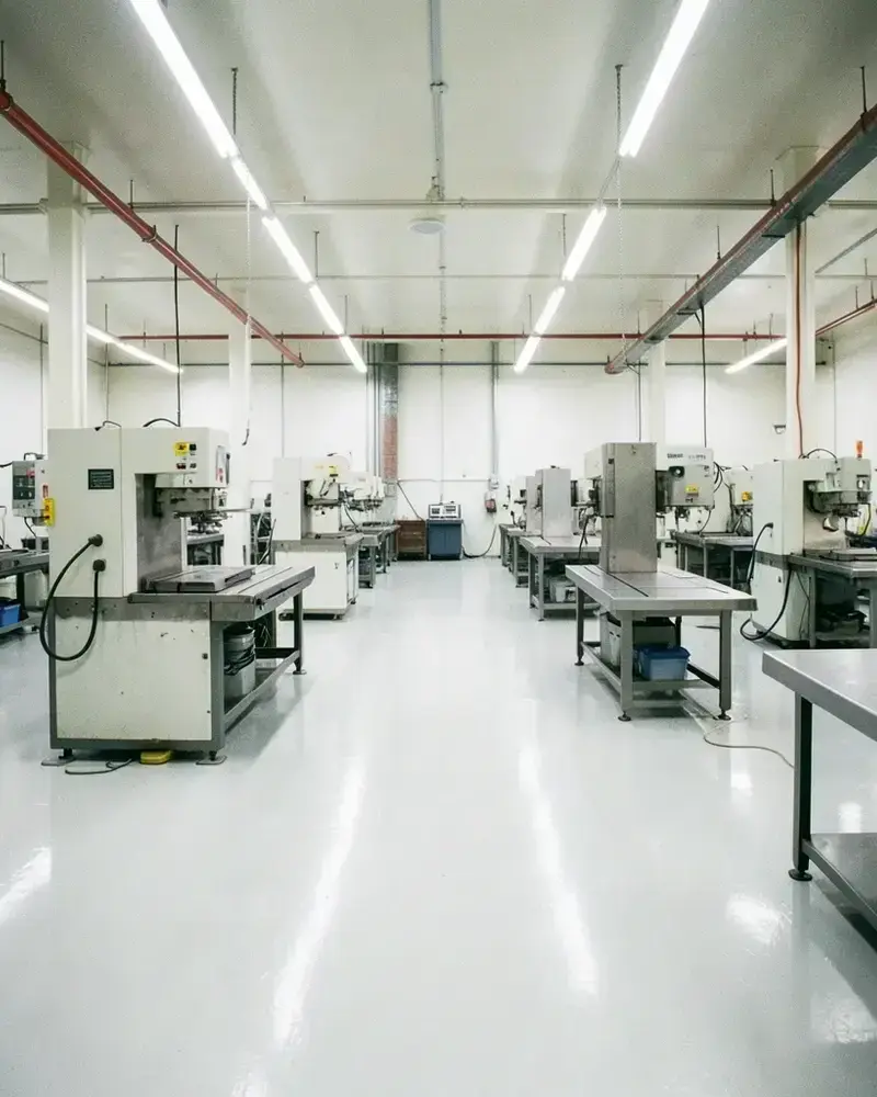 Finishing workshop floor with CNC cells and grinding machines in a bright industrial hall