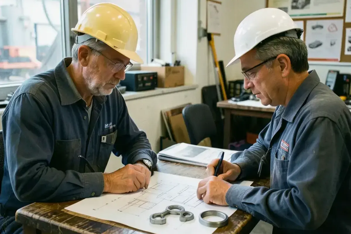 Two engineers reviewing a technical drawing and a sample metal part on a table during a finishing audit