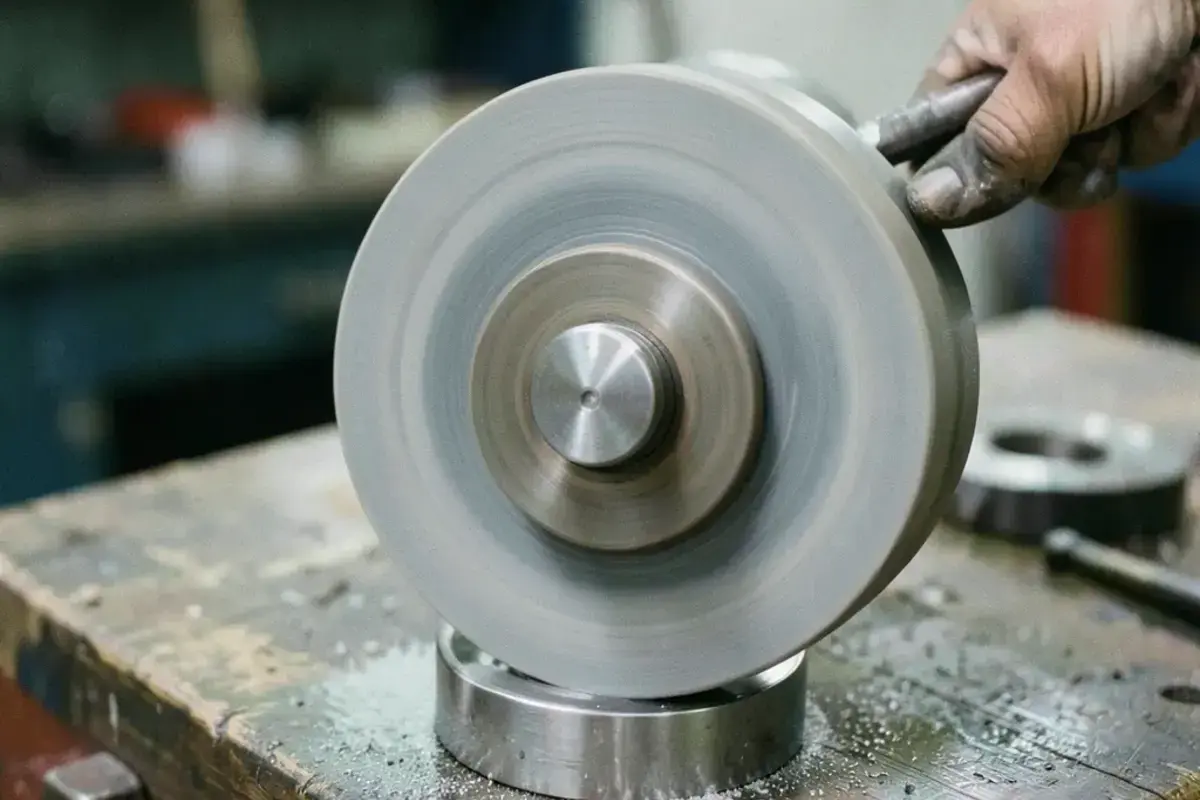 A fine polishing wheel on a bench polishing a small metal component with polishing compound