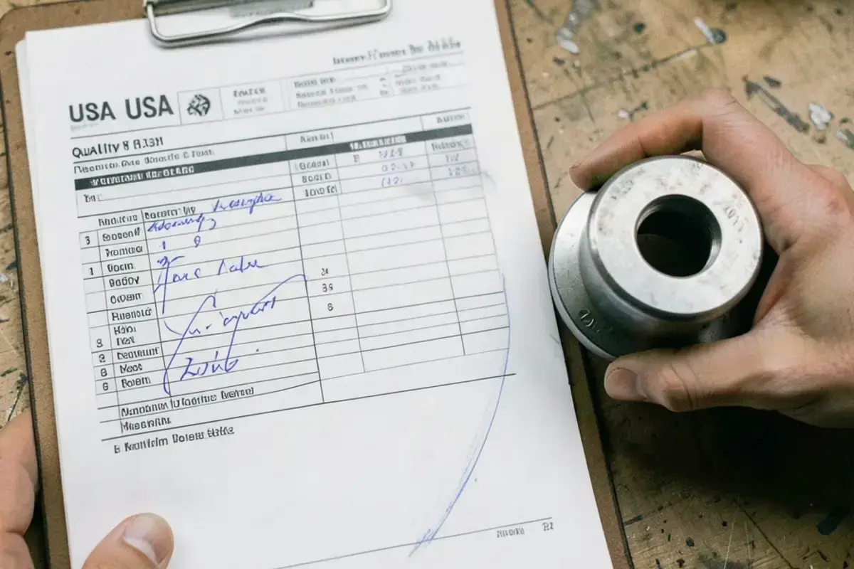 A quality report sheet with a signed measurement table on a clipboard next to a finished metal part