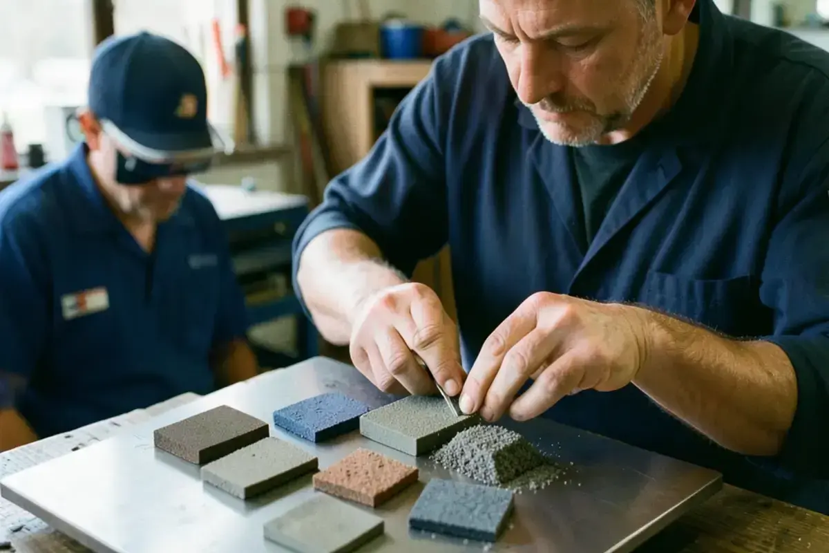 A technician comparing abrasive grit samples of different grades on a steel plate