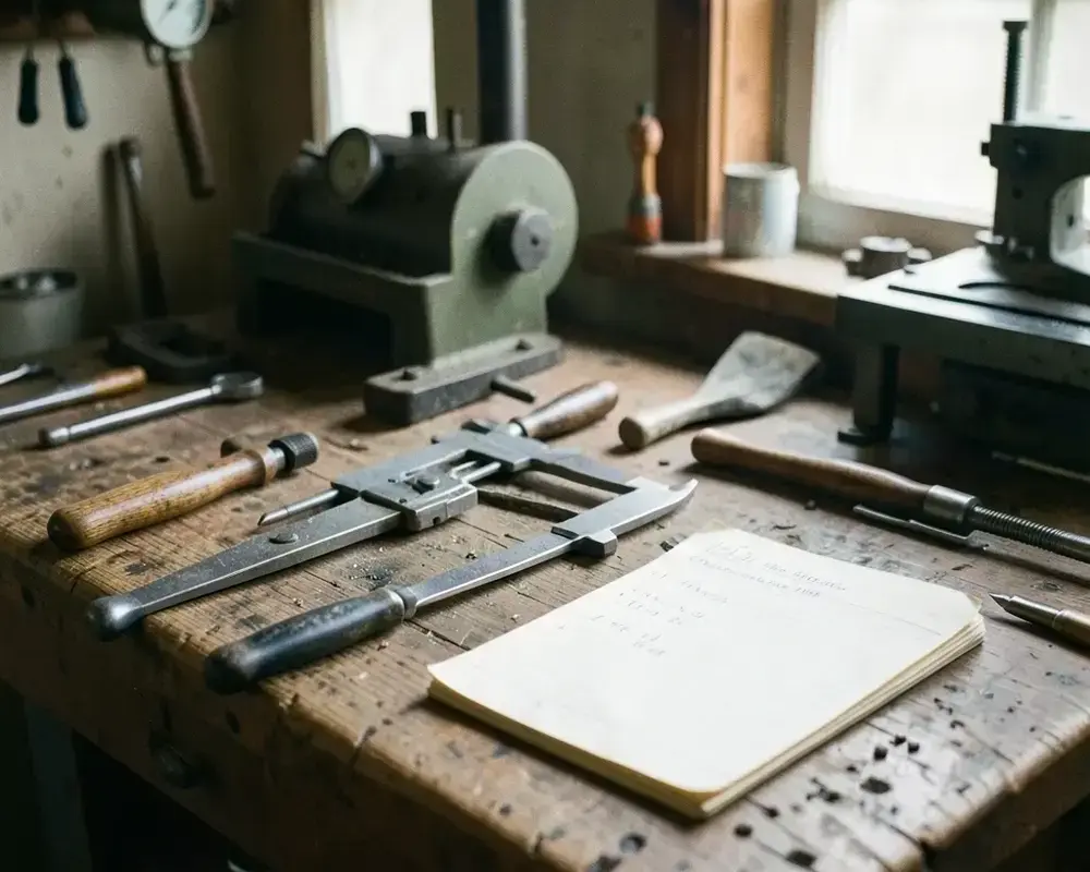 An old workbench with worn hand tools, calipers and a paper logbook from the early years of the workshop