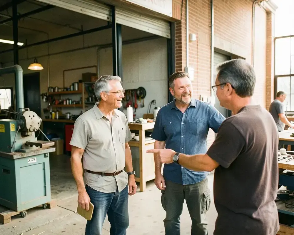 The owners of Inflpan Surface Finishing talking with a customer on the workshop floor