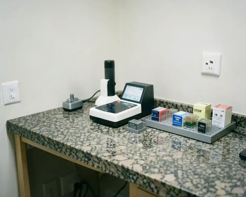 A small metrology room with a granite table, surface profilometer and calibration blocks