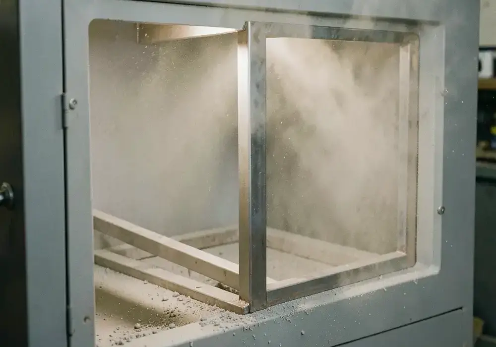 A steel weld frame emerging from an abrasive blasting cabinet with a uniform matte grey finish