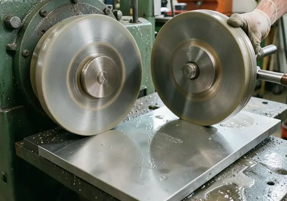 Double-disc lapping machine polishing a large flat steel plate with wet slurry