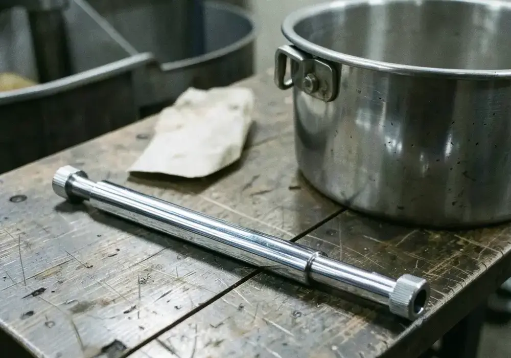 A hard chrome plated hydraulic rod beside a plating bath tank
