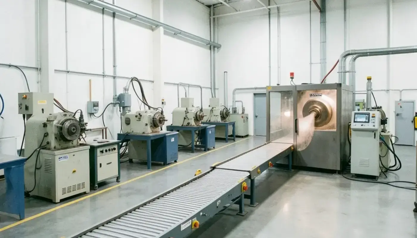 Overview of the Inflpan finishing line with grinding machines, blasting cabinet and conveyor inside one hall